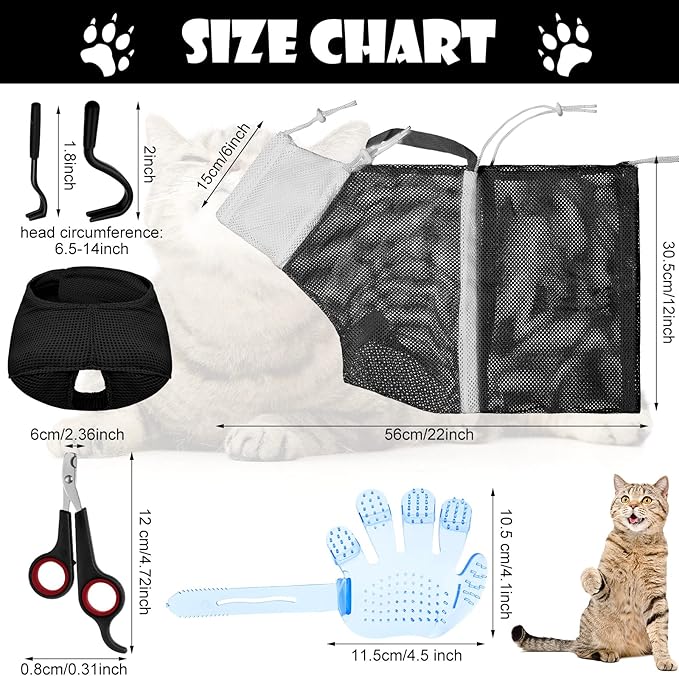 Patelai 5 Pcs Cat Bathing Bag Set Cat Grooming Bag Adjustable Pet Shower Net Muzzles Nail Clipper Tick Remover Tool Massage Brush(Black White)-Mewly Pet