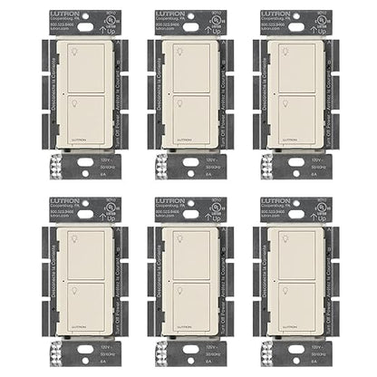 Lutron Caseta Original Smart Light Switch (Lutron Smart Hub Required), for Home, LED Lights, and Fans, 6 Amp, Single-Pole/3-Way, Neutral Required, PD-6ANS-LA-6-Pack, Almond, 6 Pack