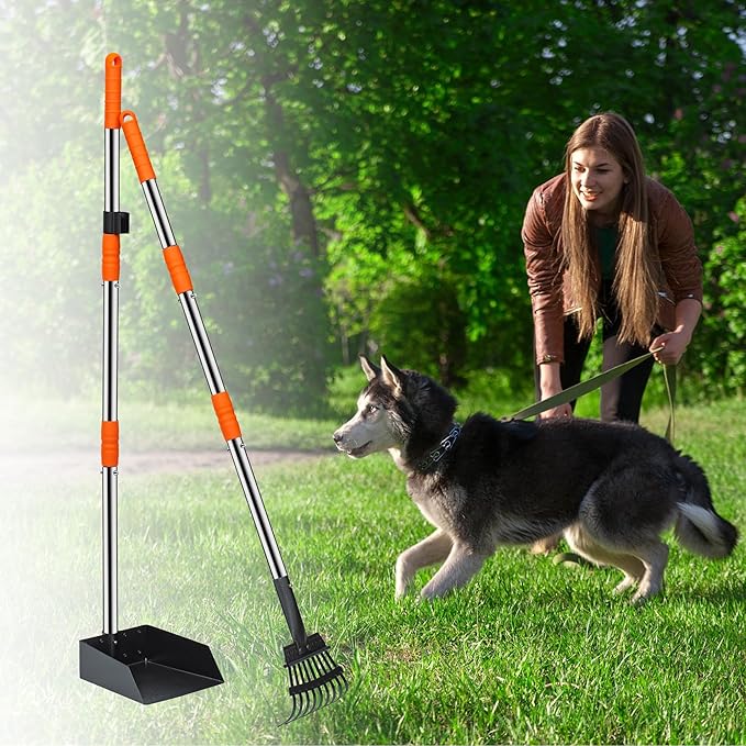Niubya Pooper Scooper for Dogs, Metal Poop Scooper Tray and Rake Set with Adjustable Long Handle, Dog Pooper Scooper for Pet Waste Removal-Mewly Pet