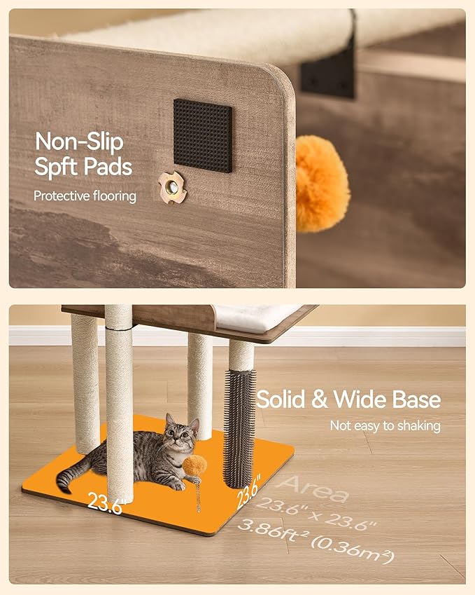 FourFurPets 43.7" Cat Tree, Modern Cat Tree Tower, Cat Tower for Indoor Cats Large Adult, Cat Condo with Scratching Post, Large Perch and Removable Pads, Greige-Mewly Pet