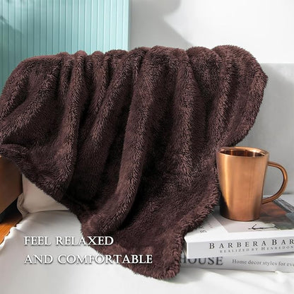 Exclusivo Mezcla Plush Fuzzy Fleece Bed Blanket Queen Size, Super Soft, Fluffy and Warm Blankets，Suitable for All Seasons (Coffee, 90x90 Inches)