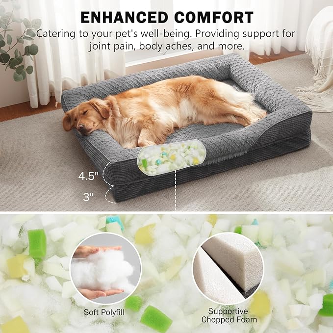 INVENHO Orthopedic Dog Beds Large Sized, XL Washable Egg-Crate Memory Foam Dog Couch Bed with Washable Removable Cover, Waterproof Lining and Nonskid Bottom-Mewly Pet