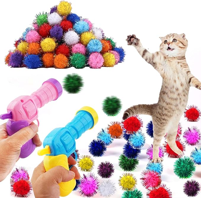 102Pcs Cat Toy Gun Launcher - 100 Sparkle Pom Pom Balls and 2 Ball Launchers, Interactive Fetch Toy Shooter for Indoor Cats and Kitty-Mewly Pet