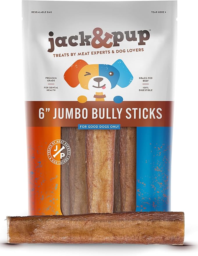 Jack&Pup 6-inch Pizzle Sticks for Dogs (12 Pack) All Natural Jumbo Bully Sticks | Long Lasting Bully Sticks for Medium Dogs-Mewly Pet