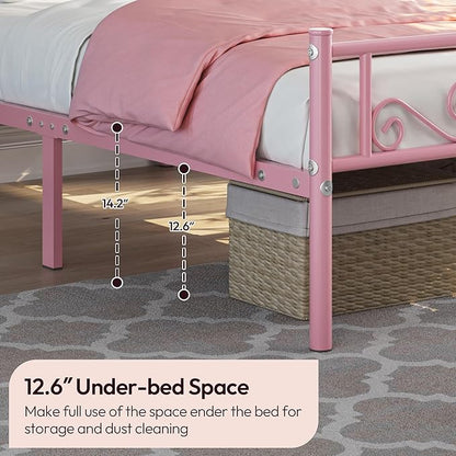 Yaheetech Twin Bed Frames Metal Platform Bed with Headboard and Footboard No Box Spring Needed Easy Assembly,Under-Bed Space: 12.6''/Pink/Twin Bed