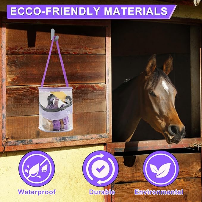 9 Pieces Grooming Kit with Tote Bag, Sweat Scraper, Sponge, Hoof Pick, Curry Comb for Horse Riders Beginners (Purple)-Mewly Pet