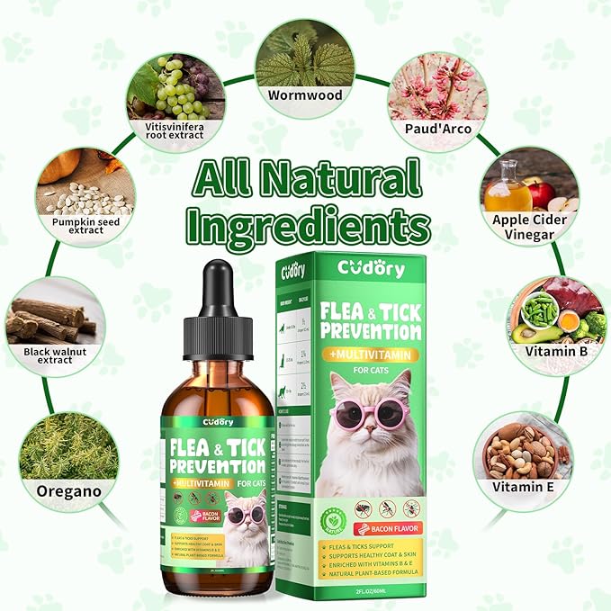Flea & Tick Support for Cats – Natural Herbal Drops with Multivitamin – Fleas and Ticks Comfort Formula for Cat All Breeds & Ages – Bacon Flavor-Mewly Pet