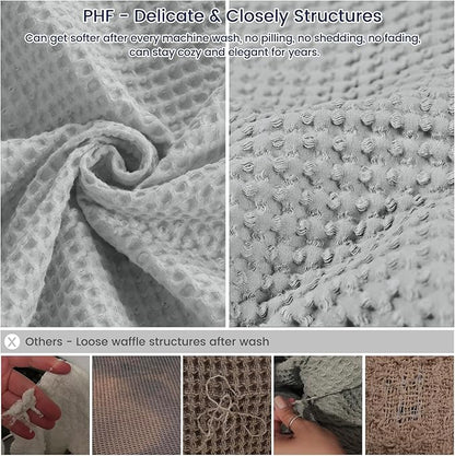 PHF 100% Cotton Waffle Weave Throw Blanket，Pre-Washed Snag Proof Lightweight Breathable Moisture-Wicking for Layering in Cold Weather for Couch Bed,Machine Washable,Home Decor Gift-Light Grey