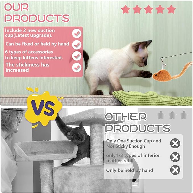 Interactive Bird Simulation Cat Toy Set,Cat Wand Toys,Wand Self-Holding Suction Cups Base,Include Detachable 6 Pcs Replacements Feathers Toys-Mewly Pet