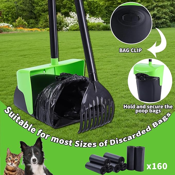 Pooper Scooper Large Swivel Bin & Rake with 160 Waste Bags,Heavy Duty Dog Pooper Scooper with Bag Attachment for Large Small Dogs, Long Handle Poop Scooper with Lid for Yard, Grass, Gravel (Green)-Mewly Pet