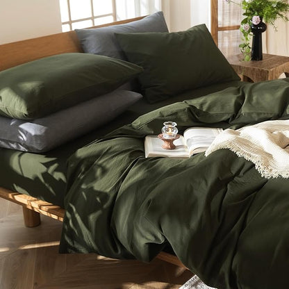 MooMee Bedding Duvet Cover Set 100% Washed Cotton Linen Like Textured Breathable Durable Soft Comfy (Solid Olive Green, Super King 108"x98")