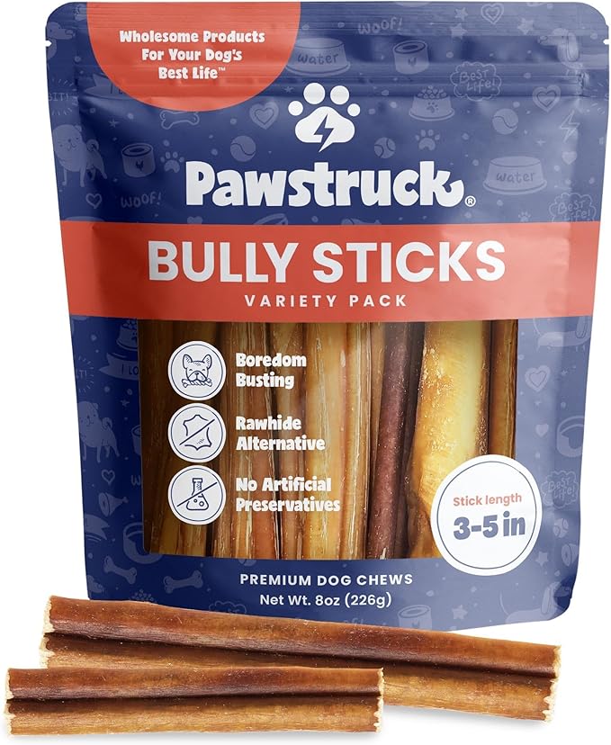 Pawstruck Natural 3–5" Bully Sticks for Small Dogs and Puppies – Single Ingredient, Low-Odor, Rawhide-Free Chew Treat – 100% Real Beef, No Artificial Preservatives – 8 oz Bag – Packaging May Vary-Mewly Pet
