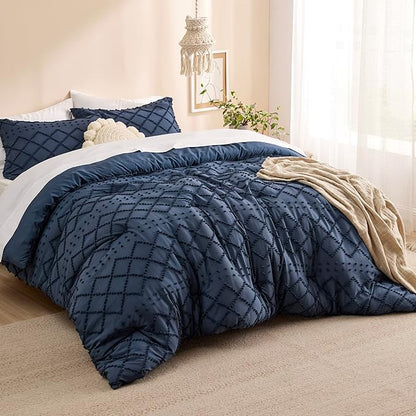 Bedsure Full Comforter Set - Navy Blue Comforter, Boho Tufted Shabby Chic Bedding for Kids, 3 Pieces Vintage Farmhouse Bed Set for All Seasons, Fluffy Soft Bedding with 2 Pillow Shams