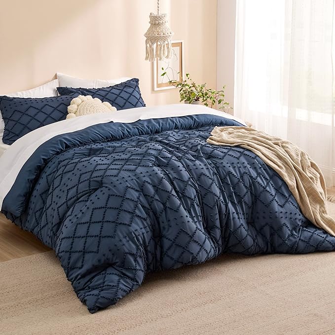 Bedsure Queen Comforter Set - Navy Blue Comforter, Boho Tufted Shabby Chic Bedding for Kids, 3 Pieces Vintage Farmhouse Bed Set for All Seasons, Fluffy Soft Bedding with 2 Pillow Shams