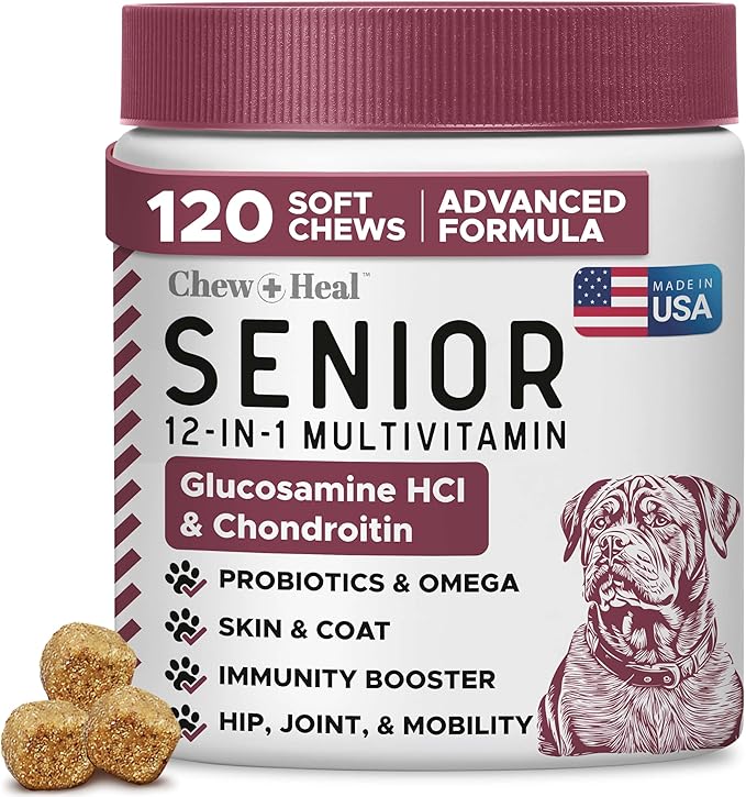 12-in-1 Multivitamin for Senior Dogs - 120 Senior Dog Vitamin and Supplement Soft Chews for Hip and Joint - Advanced Formula with Glucosamine, Omega 3,6,9, Vitamins, Probiotics - Made in The USA-Mewly Pet
