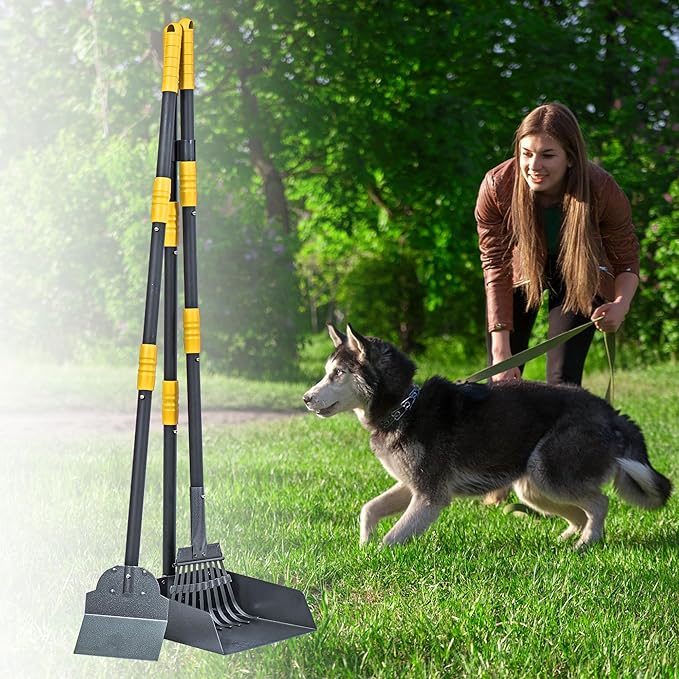 Niubya Pooper Scooper for Dogs, Metal Poop Scooper Tray Spade and Rake Set, Poop Scoop with Adjustable Long Handle, Dog Pooper Scooper for Pet Waste Removal-Mewly Pet