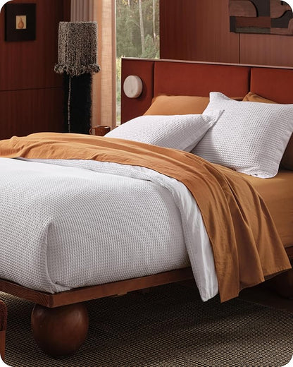 Bedsure Cotton Duvet Cover Set - 100% Cotton Waffle Weave Bright White Duvet Cover California King Size, GentleSoft™ and Breathable Cal King Bedding Set for All Season, 3 Pieces, 104"x98"