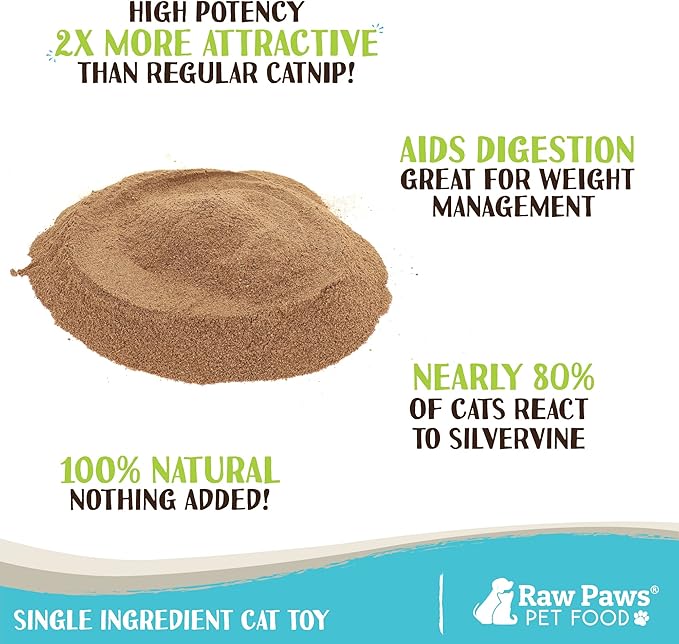Raw Paws Silvervine Powder, 75 Grams - 2X More Attractive than Catnip for Cats, 100% Silver Vine Gall Fruit Powder, Matatabi Silvervine Cat Toy for Indoor Cats, Catnip Kitten Toys, Silvervine for Cats-Mewly Pet