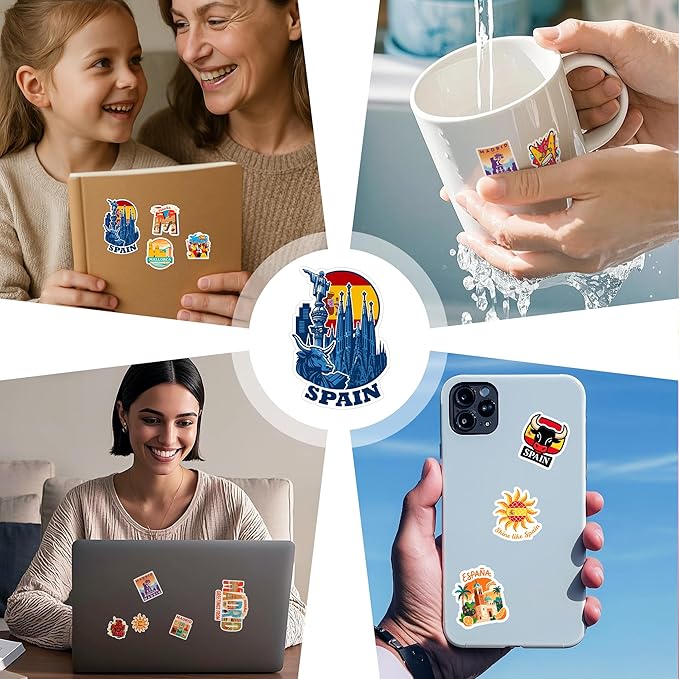 100 PCS Spain Travel Stickers Pack, España Vinyl Waterproof Stickers of Madrid Catalunya Landmarks Flamenco Food and Culture, 9 Sheets for Laptop Water Bottle Scrapbook