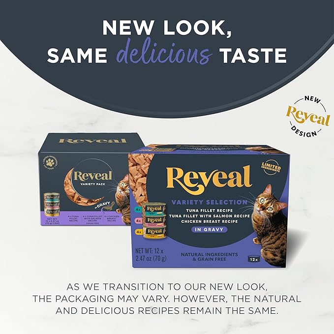 Reveal Natural Wet Cat Food, 12 Count, Grain Free, Limited Ingredient Canned Food for Cats, Fish and Chicken Variety in Gravy, 2.47 oz Cans-Mewly Pet