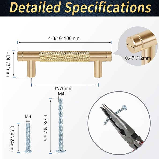 Knurled Cabinet Pulls 2 Pack, 4 Inch Long Cabinet Handles Metal Door Pulls, Kitchen Drawer Pull Knurled Dresser Handles - 3" Hole to Hole, Golden