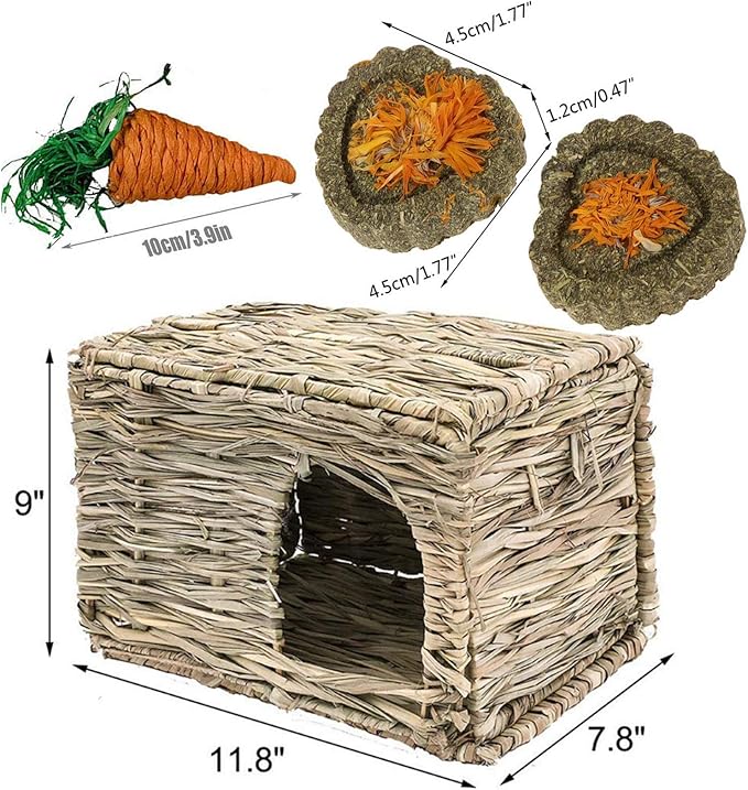 kathson 2 Pcs Rabbit Grass House Natural Foldable Hand Woven Seagrass Bed Carrot Hay Toy Hut Safe Comfortable Playhouse with Bunny Chew Toys for Bunny Hamster Guinea Pig Chinchilla Ferret-Mewly Pet