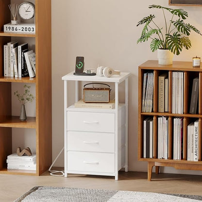 Fixwal White Night Stand, Nightstand with Charging Station, End Table, Bedside Table with Fabric Drawers for Bedroom