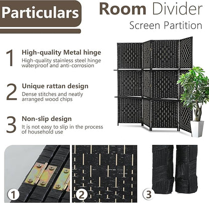 Room divider 4 panel Room Screen Divider Wooden Screen Folding Portable Partition Screen Wood with Removable Storage Shelves Color,Black