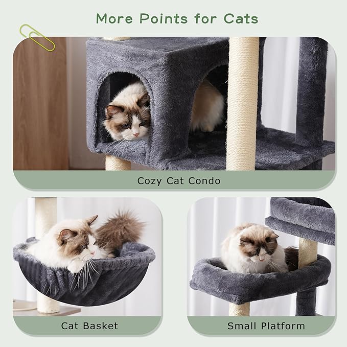 Cat Tree with Tunnel, Cat Tower for Indoor Cats, Tall Cat Tree Tower with Cat Condo, Food Station, Large Platform, Scratching Posts, Hammock, Smoky Gray GCT021G-Mewly Pet