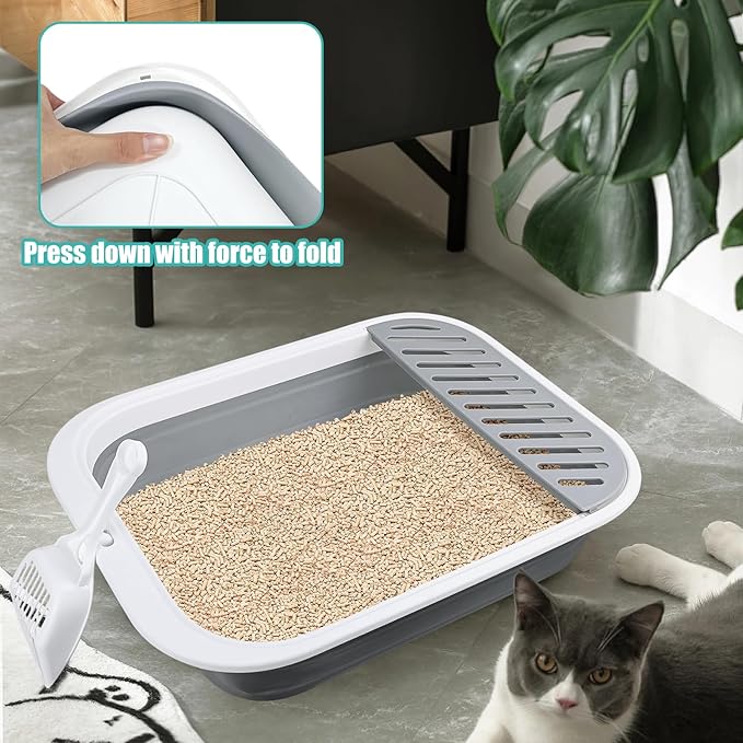 Cat Litter Box for Travel, 18"×14" Grey Small Litter Box for Open Foldable Waterproof Litter Pan,Kitty Litter Box Easy to Clean and Assemble, Portable Litter Box with Scoop-Mewly Pet