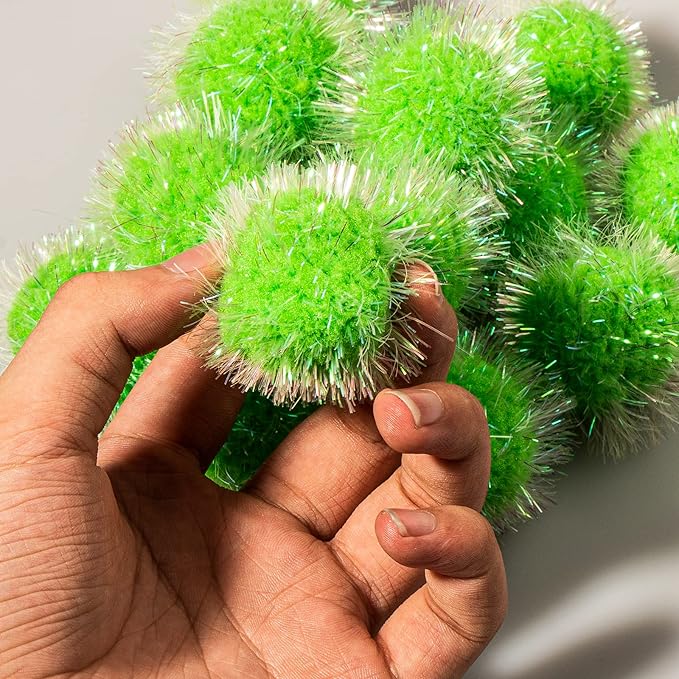 VAPKER 30 Pcs Cat Ball Toys Sparkle Balls Extra Large 2 Inch Cat's Favorite Chase Glitter Ball Glitter Tinsel Pom Poms Balls Green Color-Mewly Pet