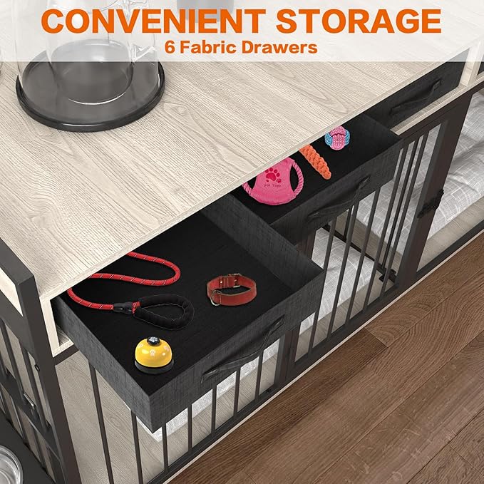 86.6inch Dog Crate Furniture with Storage,Furniture Style TV Stand Dog Kennel for 2 Dogs,with 6 Drawers,Removable Divider&Adjustable Bowls,Heavy Duty Metal Chew-Resistant Dog Crate Furniture-Mewly Pet