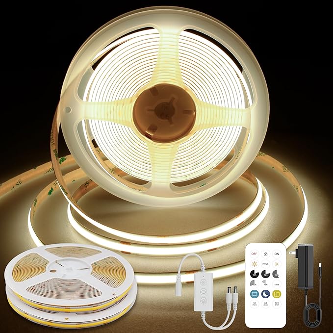 COB LED Strip Lights Natural White,24V Dimmable led Light Strip KIT with Remote and app Control,4000K 32.8FT/2 * 5m 8mm Wide Ra>90 Cuttable Flexible Strip Lights for Bedroom,Shelf,Cabinet