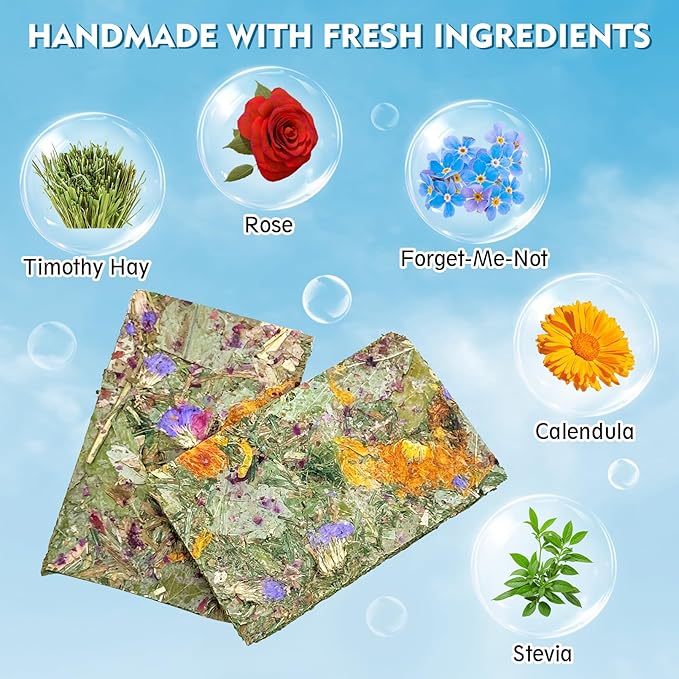 Fhiny 12 PCS Rabbit Timothy Hay Chips Toys, Natural Bunny Molar Treats with Herbal Flowers Rabbit Chew Toys for Teeth Small Animal Snacks for Rats Chinchillas Guinea Pigs Hamsters-Mewly Pet