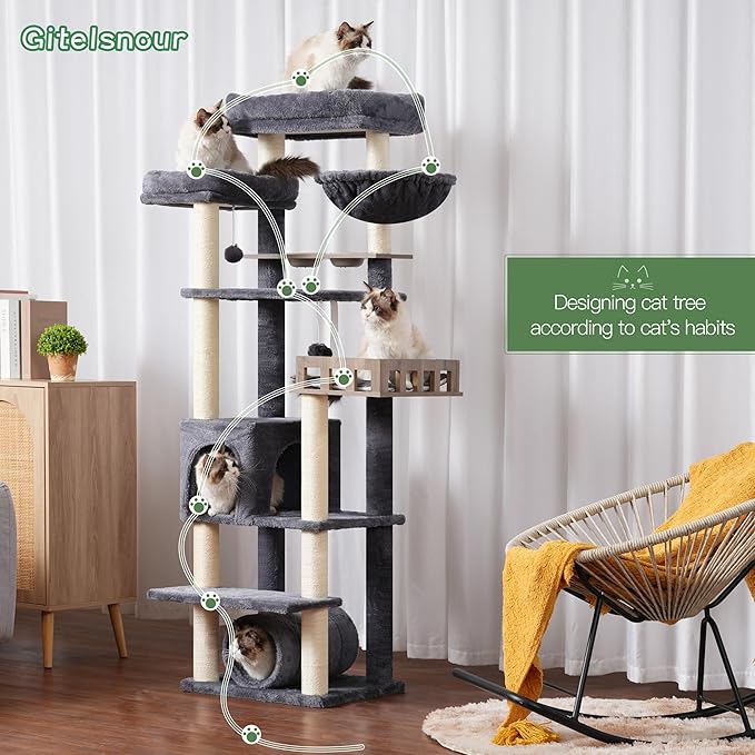 Cat Tree with Tunnel, Cat Tower for Indoor Cats, Tall Cat Tree Tower with Cat Condo, Food Station, Large Platform, Scratching Posts, Hammock, Smoky Gray GCT021G-Mewly Pet