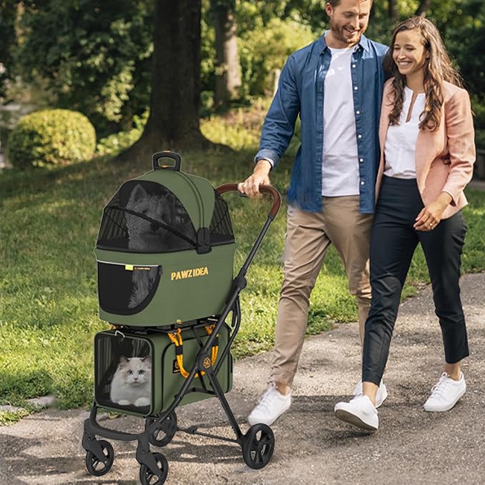 PAWZIDEA Double Pet Stroller with 2 Detachable Carriers, Portable Dog Crate for Car Travel & TSA-Approved Expandable Cat Carrier, Foldable Lightweight Jogger Stroller for 2–4 Cats or Small/Medium Dogs-Mewly Pet
