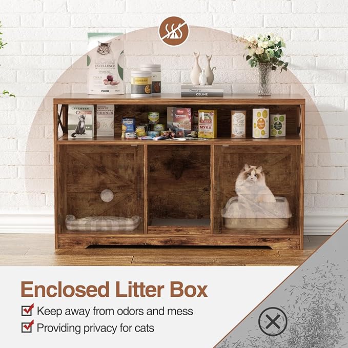 Cat Litter Box Enclosure for 2 Cats, 47" Double Hidden Litter Box Furniture with Scratch Pad, Farmhouse Indoor Litter Box Cabinet Cat Washroom, Rustic Brown-Mewly Pet