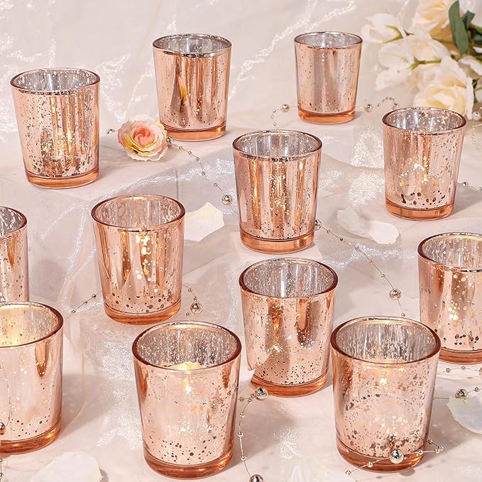 Votive Candle Holders Set of 24, Speckled Mercury Rose Gold Candle Holders for Wedding Centerpiece Table Decorations, Tealight Candle Holder for Party Bridal Shower Decor, Home Decor