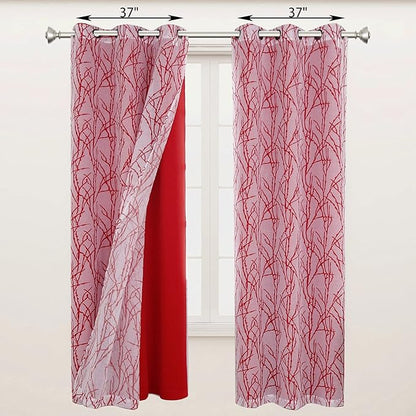 BONZER Mix and Match Curtains - 2 Pieces Branch Print Sheer Curtains and 2 Pieces Blackout Curtains for Bedroom Living Room Grommet Window Drapes, 37x63 Inch/Panel, Red, Set of 4 Panels