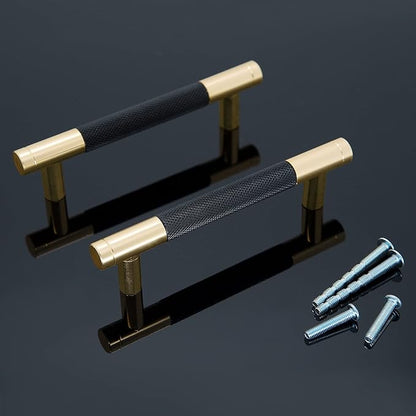 Knurled Cabinet Pulls 12 Pack, 5 Inch Long Cabinet Handles Metal Door Pulls, Kitchen Drawer Pull Knurled Dresser Handles - 3 3/4" Hole to Hole, Black & Gold
