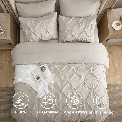 Bedsure Twin Comforter Set Linen - Bed in a Bag Twin Size Bedding 5 Pieces, GentleSoft™ Pintuck Bed Set Gift for Family, Pinch Pleat All Season Comforter with Sheets, Pillowcases & Shams