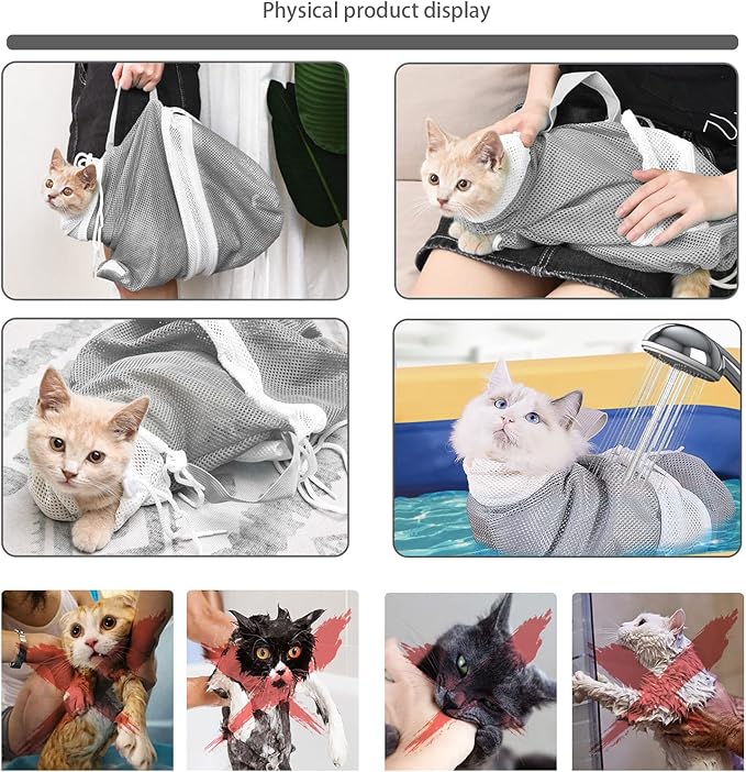 Adjustable Multifunctional Anti-Bite Shower net Bag，Cat Grooming Mesh Bag, Cat Bathing Bag，Cat Bath Brush and Cat Nail Clipper-Mewly Pet