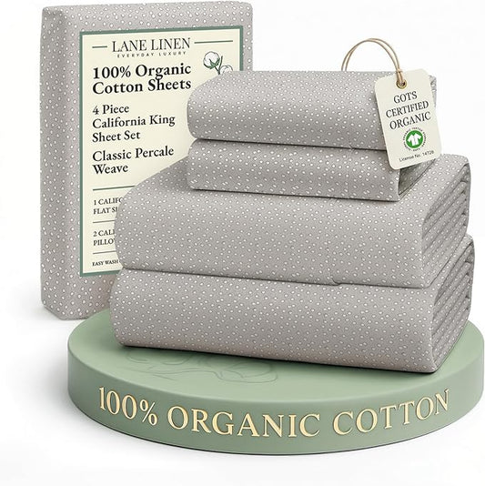 LANE LINEN 100% Organic Cotton Sheets California King Size, Low Pilling Fade Resistant Naturally Cooling Cal King Bedding Set, Soft & Comfy Sustainably Produced Printed Cotton Sheets - Snowdrop