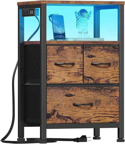 Furnulem Led Nightstand with Charging Station, Bedside Table with 3 Fabric Drawers and Storage Shelf, End Table with USB Ports and Outlets, Small Night Stand for Bedroom, Rustic Brown