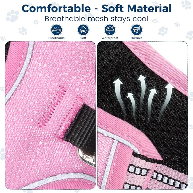 Funfox Dog Harness No Pull, Adjustable Pet Vest Harness, Super Soft Material with Vertical Handle Easy Control, Reflective Night Walking, 2 Leash Clips for Small Sized Dogs, Pink, S-Mewly Pet