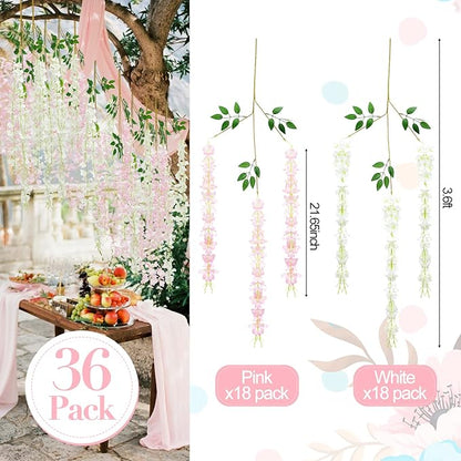 Giegxin 36 Pcs Artificial Wisteria Hanging Flowers 3.6 ft Artificial Fake Wisteria Vine Rattan Hanging Garland Silk Flowers String for Wall Home Wedding Party Greenery Decorations (Pink,White)