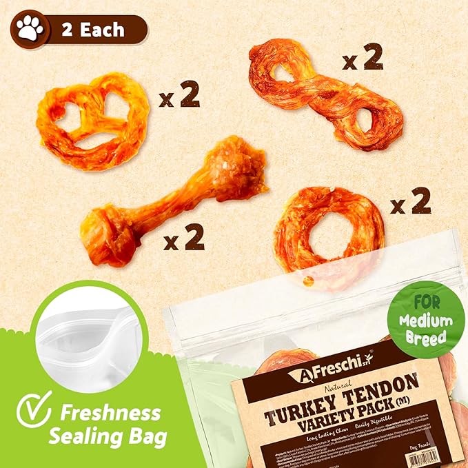 Afreschi Turkey Tendon Variety Pack (M) 10 oz, USA-Sourced Turkey Tendon, All Natural Puppy Chew, Hypoallergenic, Rawhide Alternative-Mewly Pet