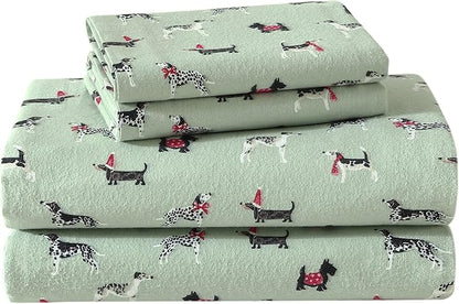 Laura Ashley - Flannel Sheets Full Size, Anti-Pilling & Wrinkle Resistant Cotton, Touchably Soft for All-Season Comfort - Bed Sheets with Matching Pillowcases & Fitted Sheet (Holiday Pups Green)