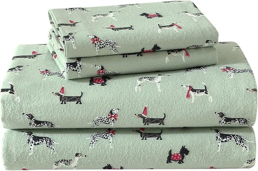 Laura Ashley - Flannel Sheets Full Size, Anti-Pilling & Wrinkle Resistant Cotton, Touchably Soft for All-Season Comfort - Bed Sheets with Matching Pillowcases & Fitted Sheet (Holiday Pups Green)