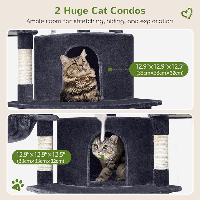Globlazer Corner Cat Tree for Large Cats, 66inch Tall Curved Series Large Cat Tower for Multiple Indoor Cats with 6 Scratching Posts, 2 Spacious Cat Condos, Hammock, Hanging Basket, C66, Dark Grey-Mewly Pet